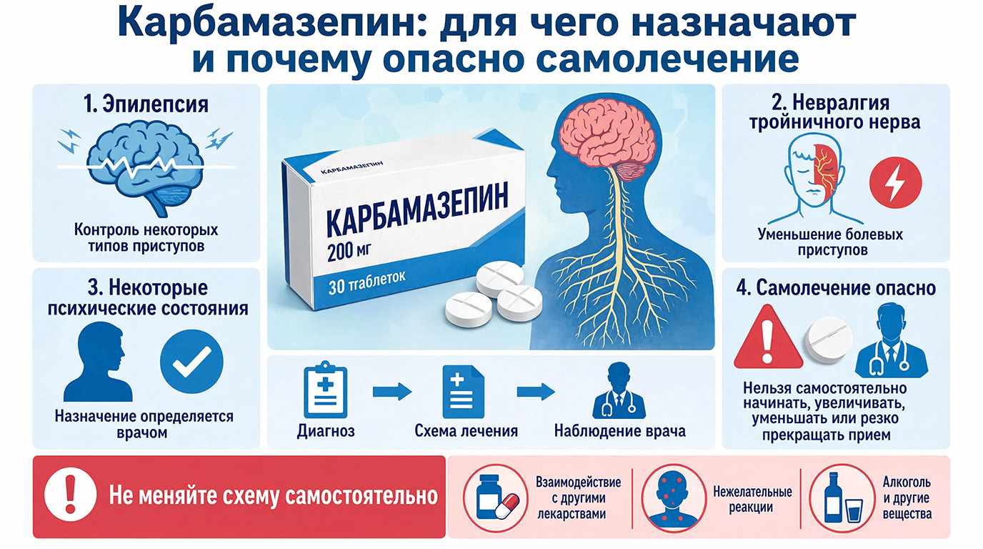 Инфографика: Карбамазепин для чего назначают, как он действует